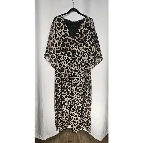 New York & Company Leopard Print Chiffon Short Sleeve Maxi Dress XL V Neck - Picture 1 of 7